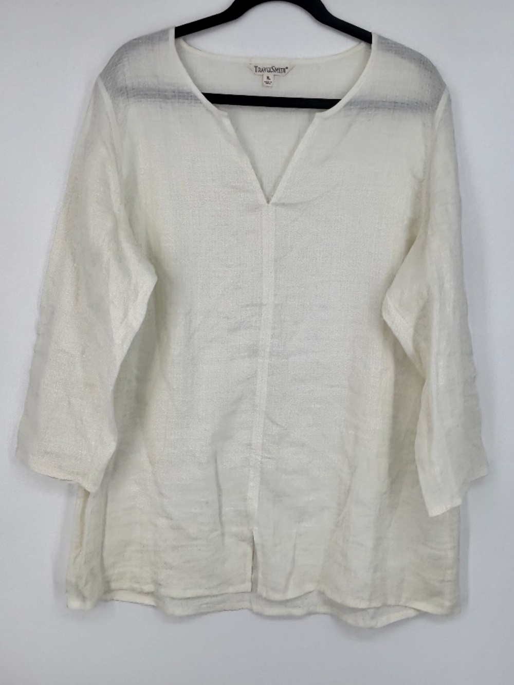 Travel Smith Womens XL Tunic Top 100% Linen Ivory Sheer Woven Textured Long Slv